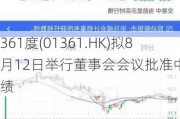 361度(01361.HK)拟8月12日举行董事会会议批准中期业绩