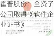 霍普股份：全资子公司取得《软件企业证书》