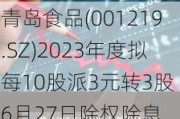 青岛食品(001219.SZ)2023年度拟每10股派3元转3股 6月27日除权除息