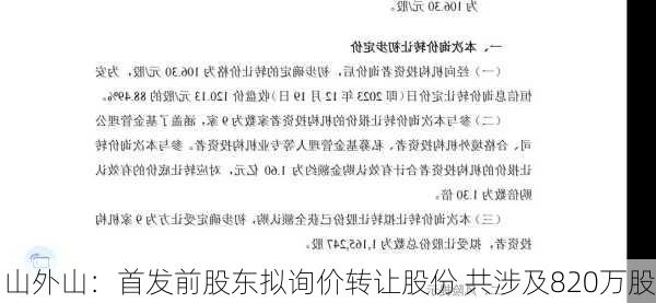 山外山：首发前股东拟询价转让股份 共涉及820万股