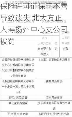 保险许可证保管不善导致遗失 北大方正人寿扬州中心支公司被罚