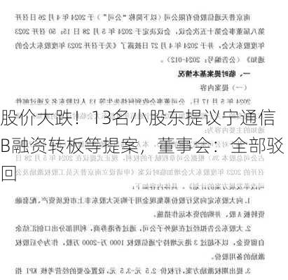 股价大跌！13名小股东提议宁通信B融资转板等提案，董事会：全部驳回