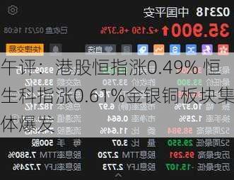 午评：港股恒指涨0.49% 恒生科指涨0.61%金银铜板块集体爆发