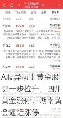 A股异动丨黄金股进一步拉升，四川黄金涨停，湖南黄金逼近涨停