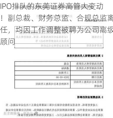 IPO排队的东莞证券高管大变动！副总裁、财务总监、合规总监离任，均因工作调整被聘为公司高级顾问