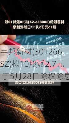 宇邦新材(301266.SZ)拟10股派2.7元 于5月28日除权除息