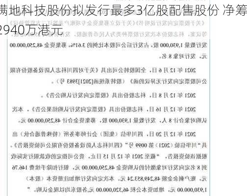 满地科技股份拟发行最多3亿股配售股份 净筹2940万港元