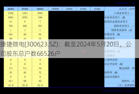 捷捷微电(300623.SZ)：截至2024年5月20日，公司股东总户数66526户