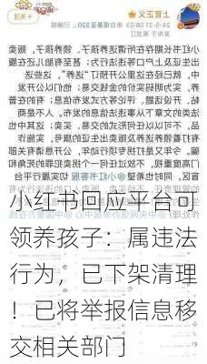 小红书回应平台可领养孩子：属违法行为，已下架清理！已将举报信息移交相关部门