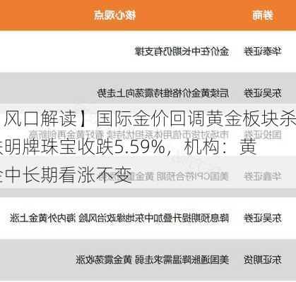 【风口解读】国际金价回调黄金板块杀跌明牌珠宝收跌5.59%，机构：黄金中长期看涨不变