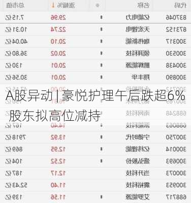 A股异动 | 豪悦护理午后跌超6% 股东拟高位减持