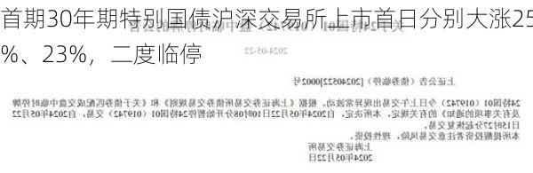 首期30年期特别国债沪深交易所上市首日分别大涨25%、23%，二度临停