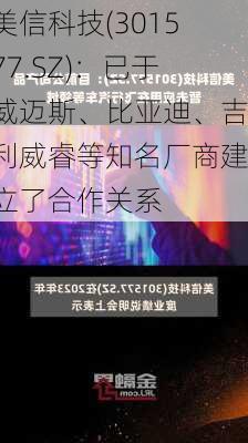 美信科技(301577.SZ)：已于威迈斯、比亚迪、吉利威睿等知名厂商建立了合作关系