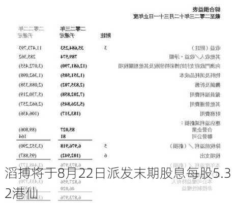 滔搏将于8月22日派发末期股息每股5.32港仙