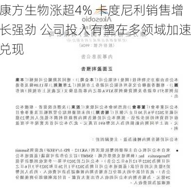 康方生物涨超4% 卡度尼利销售增长强劲 公司投入有望在多领域加速兑现