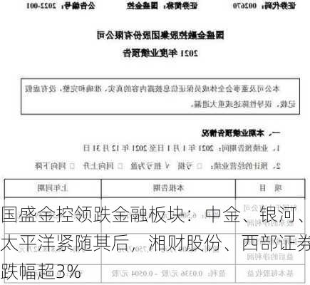 国盛金控领跌金融板块：中金、银河、太平洋紧随其后，湘财股份、西部证券跌幅超3%