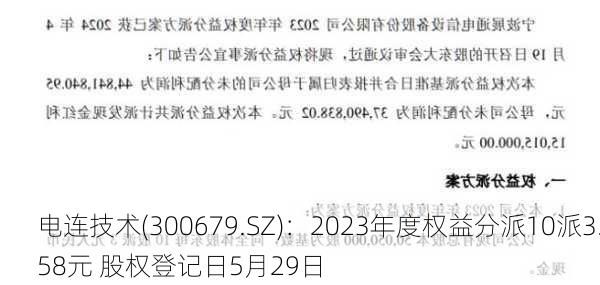 电连技术(300679.SZ)：2023年度权益分派10派3.58元 股权登记日5月29日