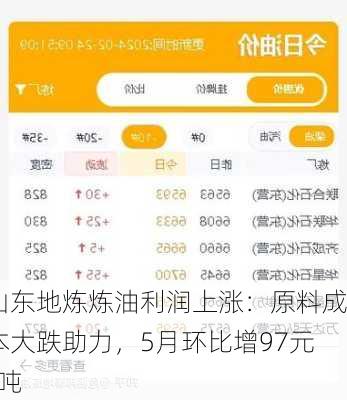 山东地炼炼油利润上涨：原料成本大跌助力，5月环比增97元/吨