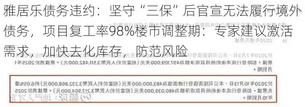 雅居乐债务违约：坚守“三保”后官宣无法履行境外债务，项目复工率98%楼市调整期：专家建议激活需求，加快去化库存，防范风险