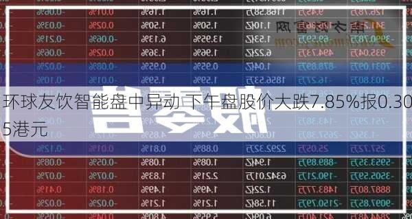 环球友饮智能盘中异动 下午盘股价大跌7.85%报0.305港元