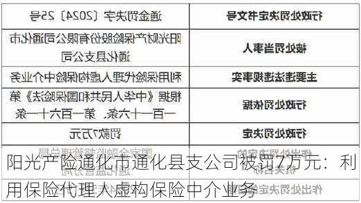 阳光产险通化市通化县支公司被罚7万元：利用保险代理人虚构保险中介业务