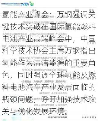 氢能产业峰会：万钢强调关键技术突破在国际氢能燃料电池产业高端峰会中，中国科学技术协会主席万钢指出氢能作为清洁能源的重要角色，同时强调全球氢能及燃料电池汽车产业发展面临的瓶颈问题，呼吁加强技术攻关与优化发展环境。