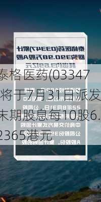 泰格医药(03347)将于7月31日派发末期股息每10股6.2365港元