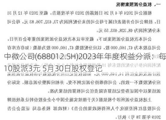 中微公司(688012.SH)2023年年度权益分派：每10股派3元 5月30日股权登记