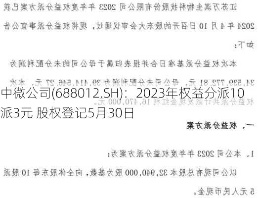 中微公司(688012.SH)：2023年权益分派10派3元 股权登记5月30日