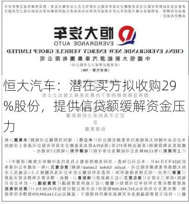 恒大汽车：潜在买方拟收购29%股份，提供信贷额缓解资金压力