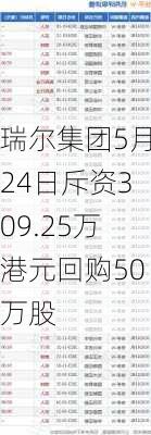 瑞尔集团5月24日斥资309.25万港元回购50万股