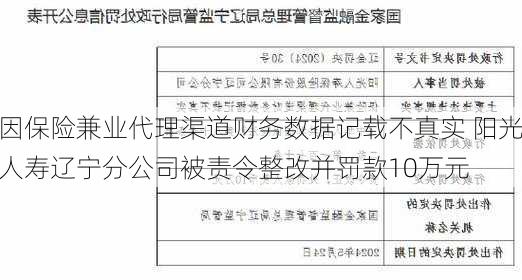 因保险兼业代理渠道财务数据记载不真实 阳光人寿辽宁分公司被责令整改并罚款10万元