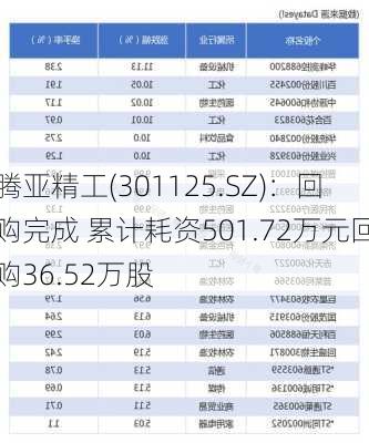 腾亚精工(301125.SZ)：回购完成 累计耗资501.72万元回购36.52万股