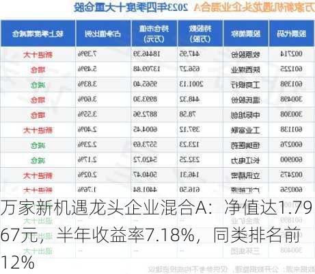 万家新机遇龙头企业混合A：净值达1.7967元，半年收益率7.18%，同类排名前12%