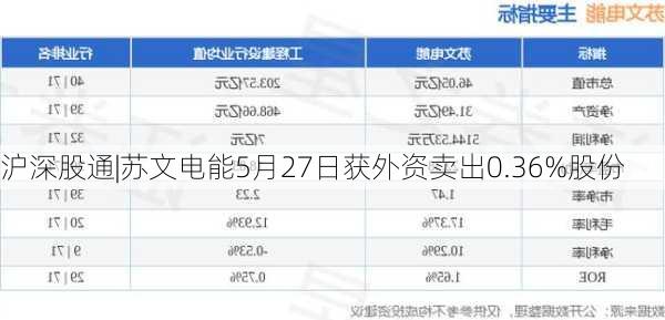 沪深股通|苏文电能5月27日获外资卖出0.36%股份