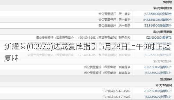 新耀莱(00970)达成复牌指引 5月28日上午9时正起复牌