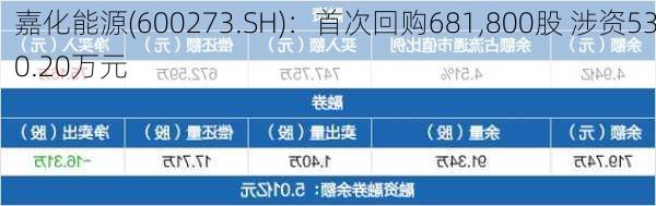 嘉化能源(600273.SH)：首次回购681,800股 涉资530.20万元