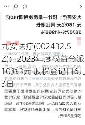 九安医疗(002432.SZ)：2023年度权益分派10派3元 股权登记日6月3日