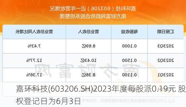 嘉环科技(603206.SH)2023年度每股派0.19元 股权登记日为6月3日