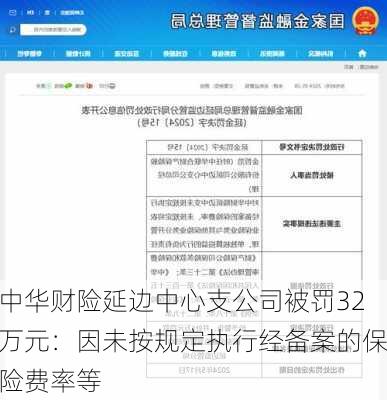 中华财险延边中心支公司被罚32万元：因未按规定执行经备案的保险费率等