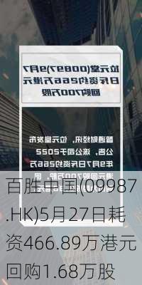 百胜中国(09987.HK)5月27日耗资466.89万港元回购1.68万股