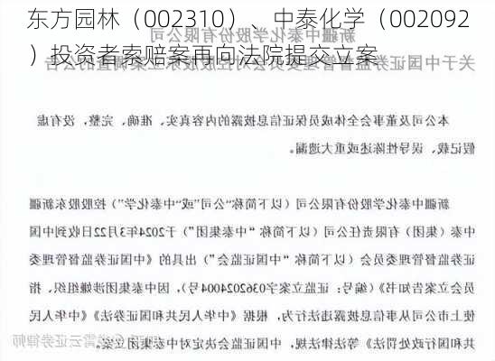 东方园林（002310）、中泰化学（002092）投资者索赔案再向法院提交立案