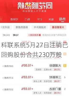 科联系统5月27日注销已回购股份合共230万股