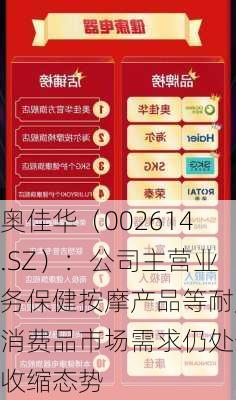 奥佳华（002614.SZ）：公司主营业务保健按摩产品等耐用消费品市场需求仍处于收缩态势