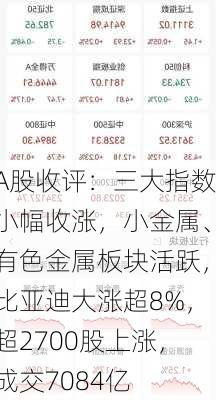 A股收评：三大指数小幅收涨，小金属、有色金属板块活跃，比亚迪大涨超8%，超2700股上涨，成交7084亿