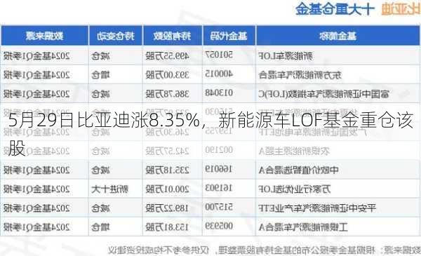 5月29日比亚迪涨8.35%，新能源车LOF基金重仓该股