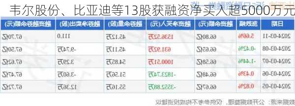 韦尔股份、比亚迪等13股获融资净买入超5000万元