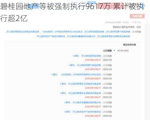 碧桂园地产等被强制执行9617万 累计被执行超2亿