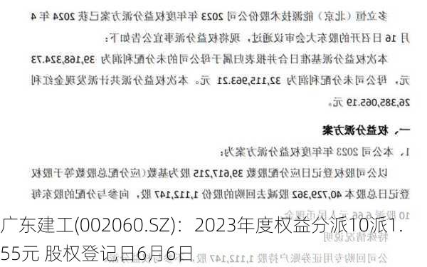 广东建工(002060.SZ)：2023年度权益分派10派1.55元 股权登记日6月6日