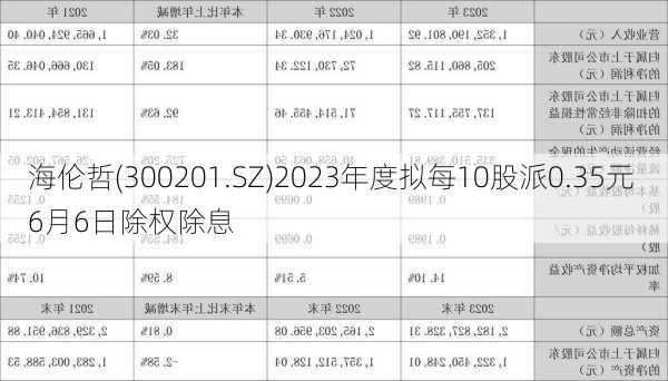 海伦哲(300201.SZ)2023年度拟每10股派0.35元 6月6日除权除息